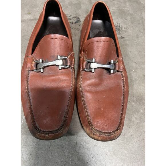 SALVATORE FERRAGAMO Brown Leather Silver Horse Bit Driver Loafer Shoes Size 8.5 - Picture 1 of 14
